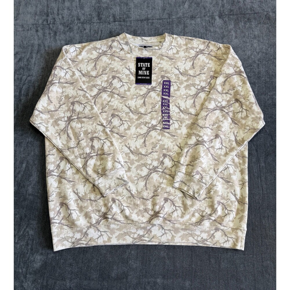 NWT State of Mine Camo Crew Neck Fleece Sweatshirt Men's 2XL White Long Sleeve